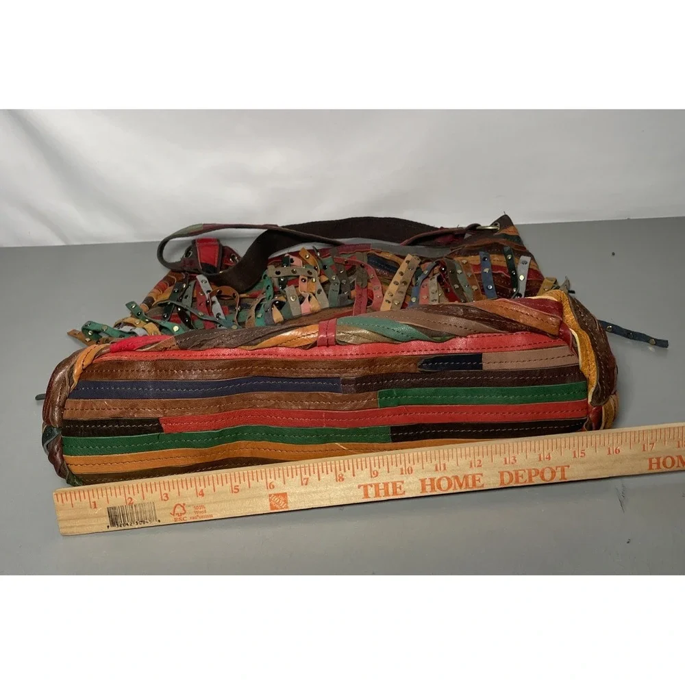 Multi Colored Patchwork Leather Stripes Hobo Studded Bag